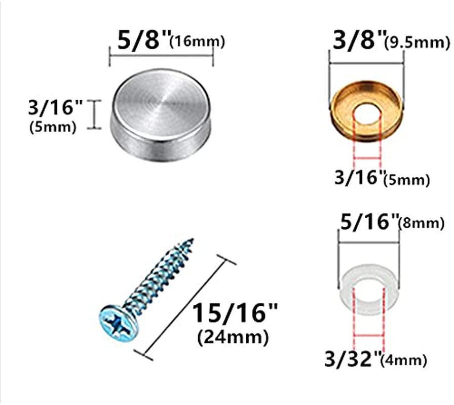 8Pcs Mirror Screws Decorative Cap Silver Color Cover 5/8"(16Mm) Stainless Steel Advertising Hardware Screw Cap Cover Nails Decorative Mirror Screw Fasteners