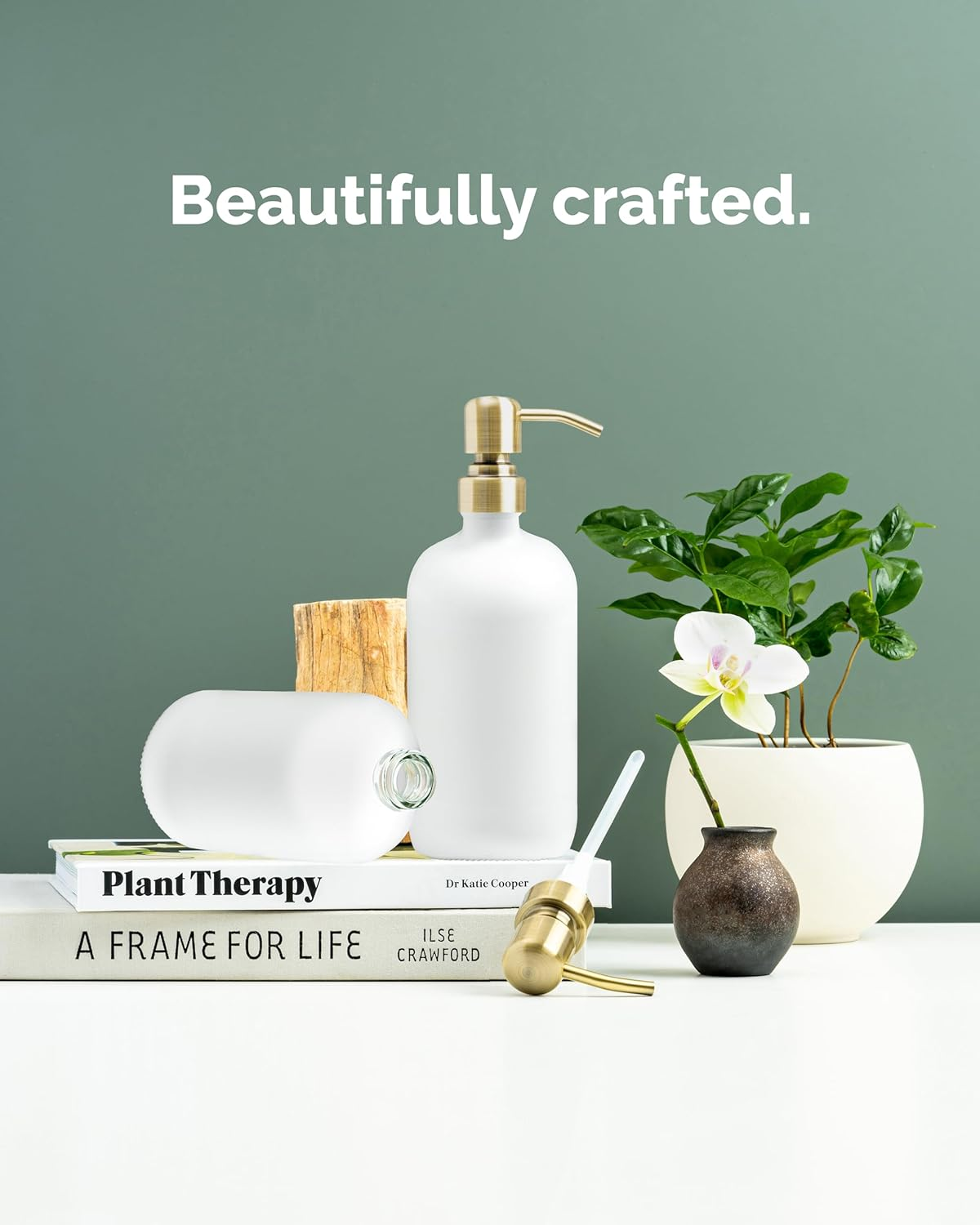 Vine Creations White Glass Soap Dispenser Set, 2 Pack with Stainless Steel Pump, 16 Oz for Kitchen and Bathroom, Dish Soap Dispenser with Waterproof Labels - Clear Bottle / Gold Pump image number 2