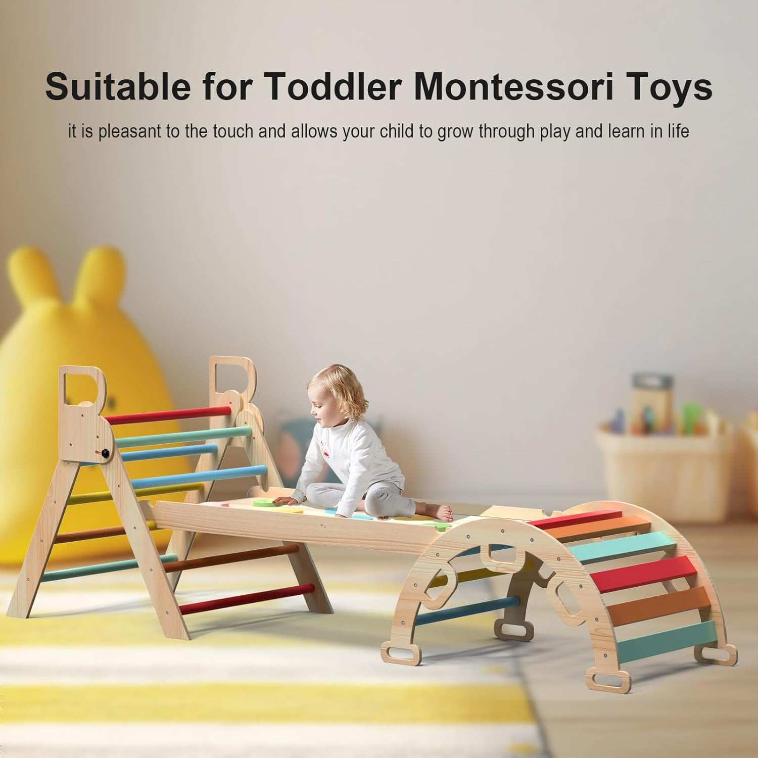 Pikler Triangle Set, 7In1 Foldable Baby Montessori Climbing Toys, Wooden Climber Indoor Jungle Gym for Toddlers image number 3