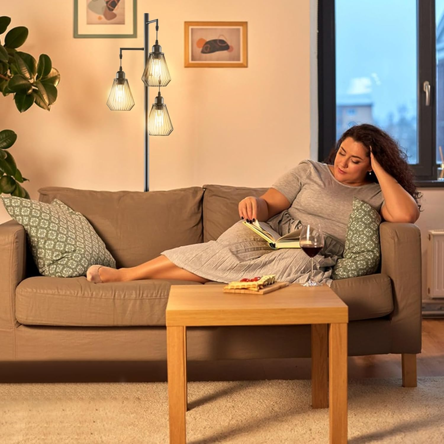 Costway Industrial Tree Floor Lamp, Farmhouse & Industrial Style, Black Metal, 3 Diamond-Shaped Birdcage Lampshades, Foot Switch, Stable Base & Non-Slip Strips, Energy Efficient LED, 27W, 168Cm Tall image number 6