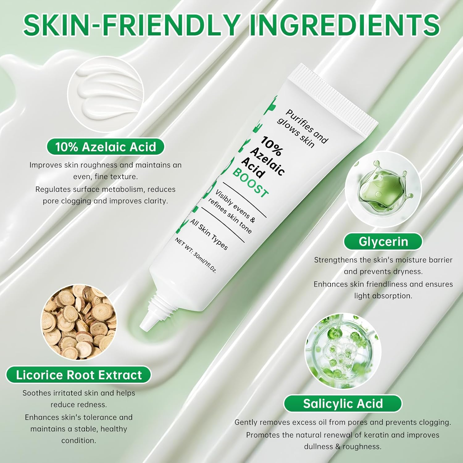 Azelaic Acid Boost Cream, 10% Azelaic Acid Booster Cream Gel for for Acne and Blemishes with Salicylic Acid, Balances Excess Sebum, Purifies Skin & Improves Skin Tone for All Skin Types, 30Ml