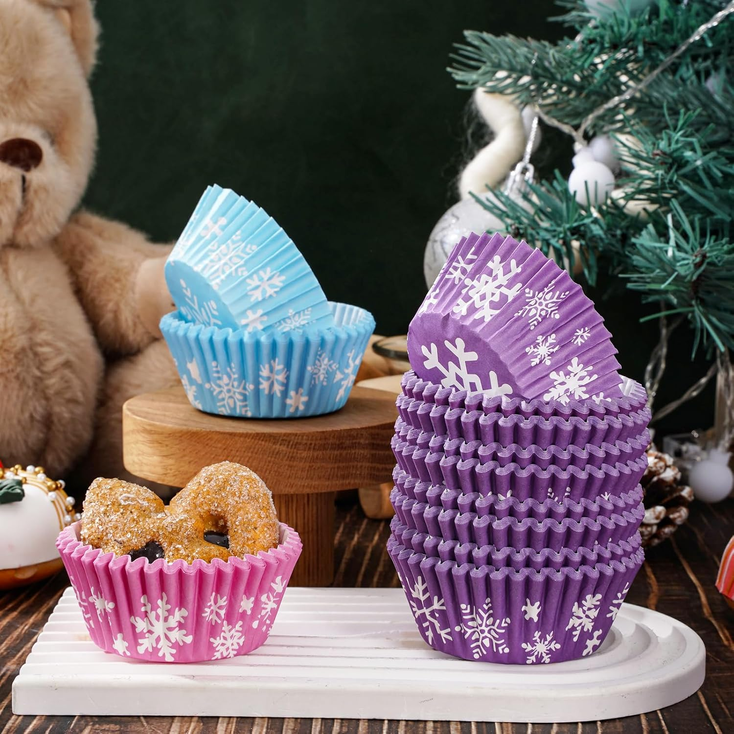 Whaline 600Pcs Winter Cupcake Wrappers Snowflake Cupcake Liners Pink Blue Purple Baking Liners Disposable Christmas Paper Muffin Cups for Home Kitchen Party Supplies, 2 X 1.2 In image number 5