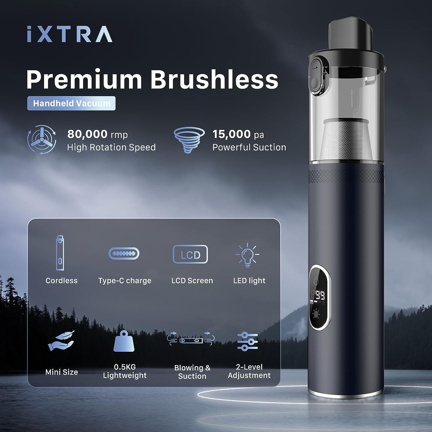 Ixtra 15000Pa Handheld Vacuum Cleaner, Powerful Cordless Car Vacuum Rechargeable with Blower, 2-Speed Portable Wireless Mini Hand Held Vacuum Cleaner with Led Digital Power Display for Car/Home/Pet