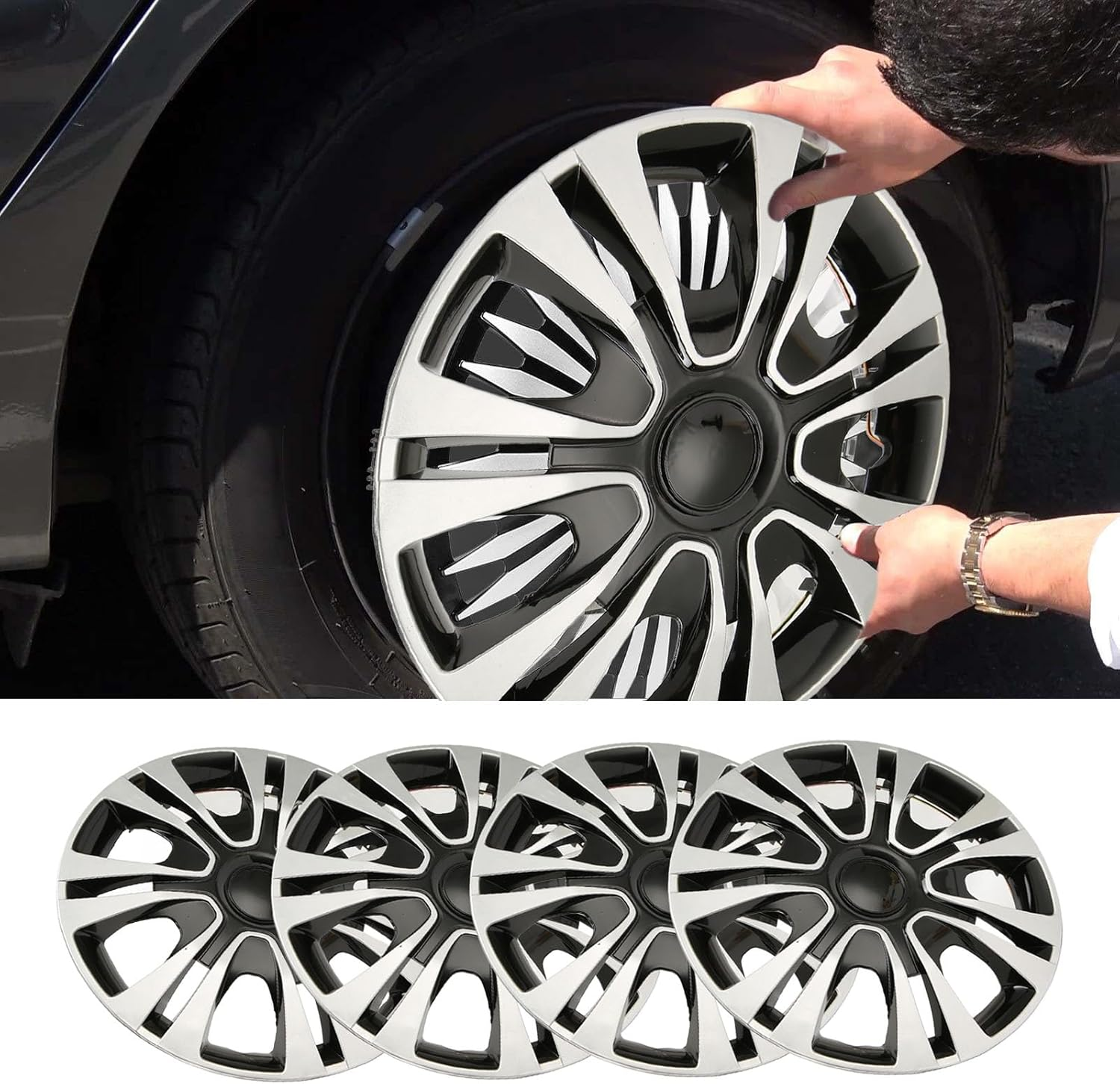 Wheel Hub Cap, Stylish Snap on 4PCS 15In Wheel Rim Protector For image number 1