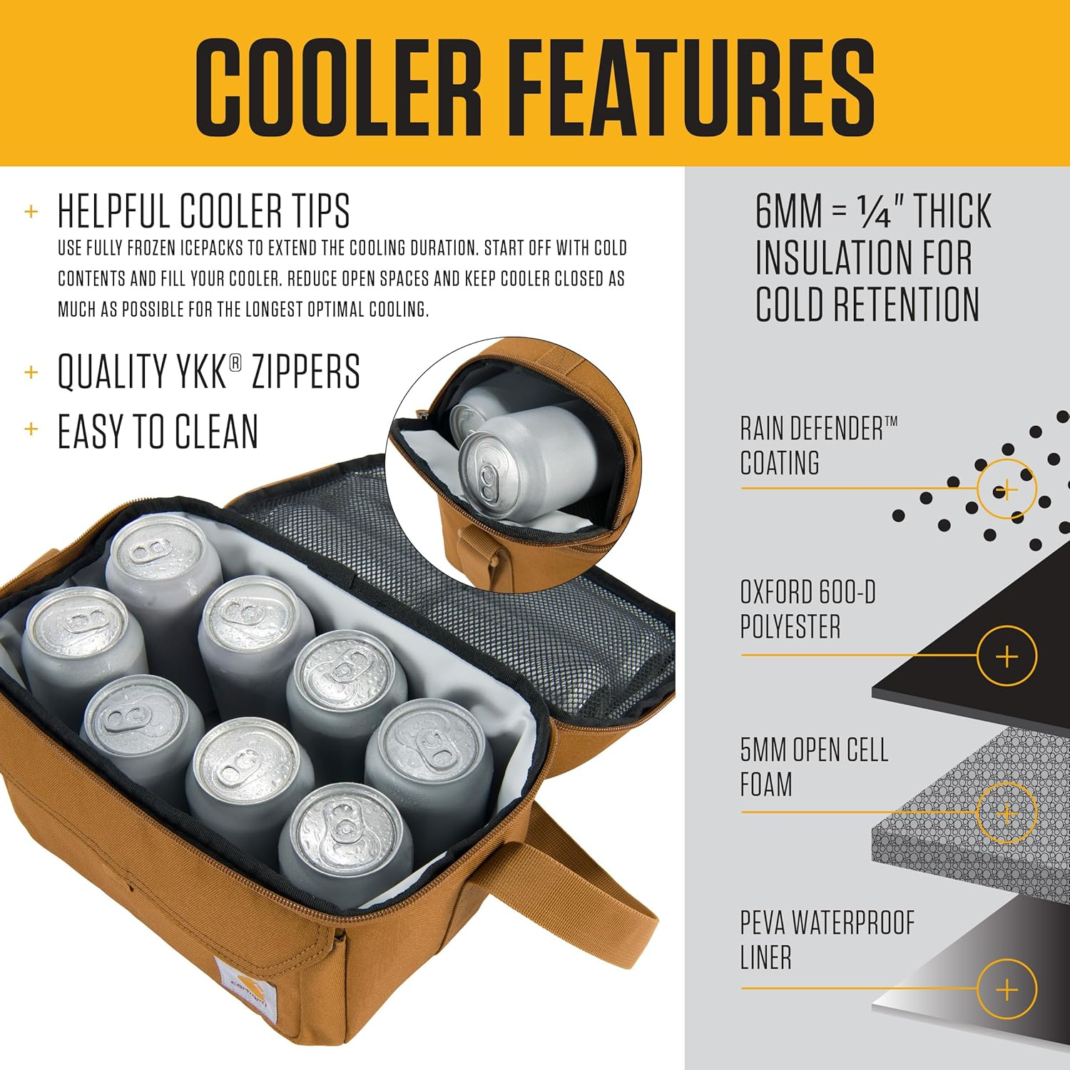Carhartt Insulated 12 Can Two Compartment Lunch Cooler Tarmac OS - Large Lunchbox (Carhartt Brown) image number 4