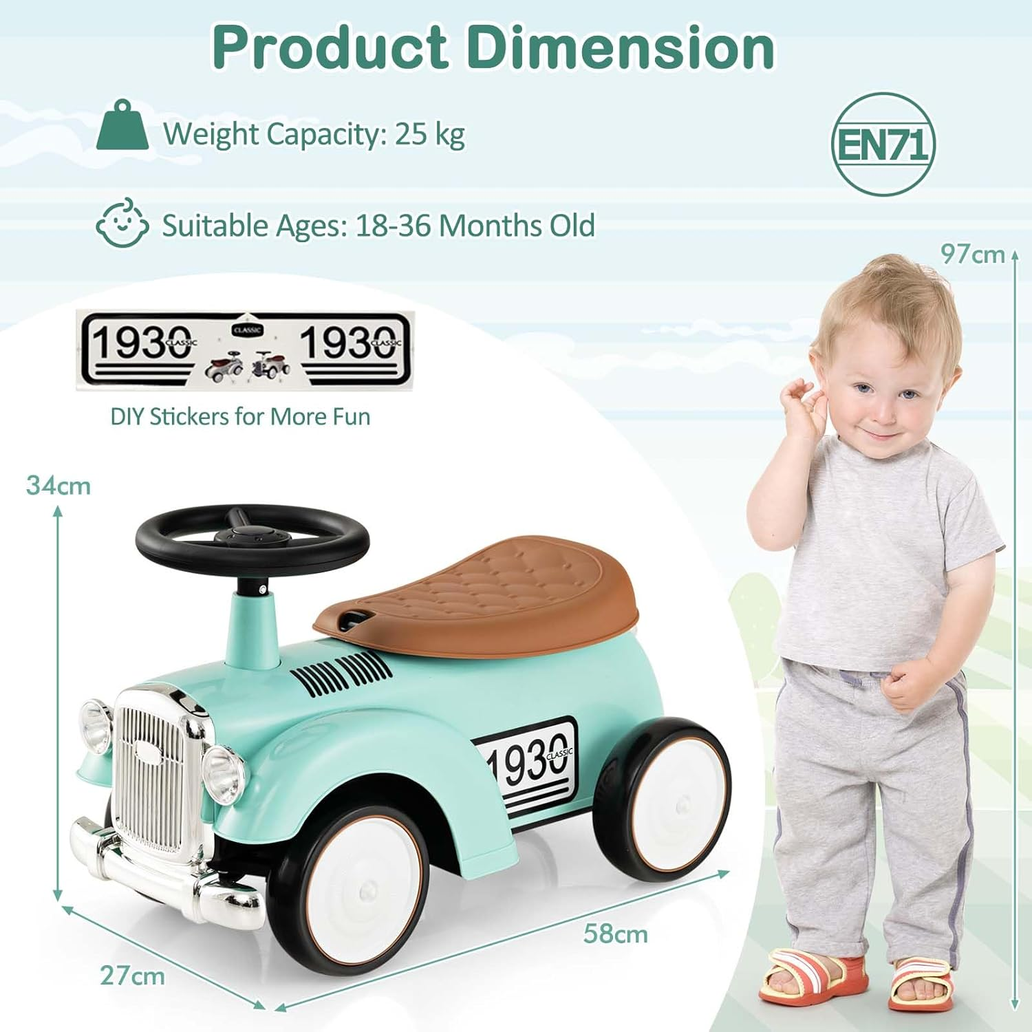 HONEY JOY Retro Kids Ride-On Toy, Kids Vehicle Toy W/Working Steering Wheel, under Seat Storage & Large EVA Wheels, Foot to Floor Riding Car with Fun DIY Stickers, for Boys Girls 18-36 Months (Green) image number 4