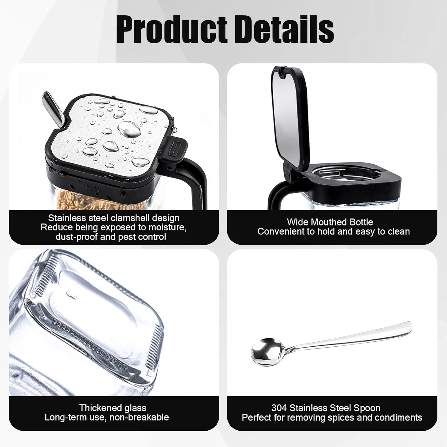 DIYJEP Pack of 3 Spice Shaker with Stainless Steel Spoon, Glass Square Spice Container with Lid and Base, Clear Sugar Bowl, Cereal Dispenser, Spice Jar for Flour, Kitchen, Seasoning, Salt, Sugar, Tea image number 4