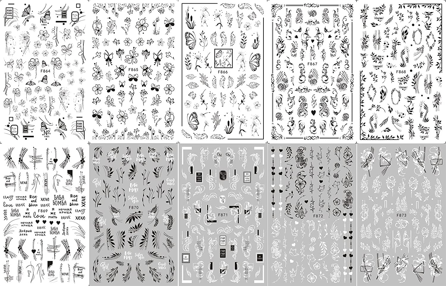 10 Sheets Flower Nail Art Stickers Decals Self-Adhesive Pegatinas U&ntilde;as Spring Floral Black White Blossom Nail Supplies Nail Art Design Decoration Accessories image number 4