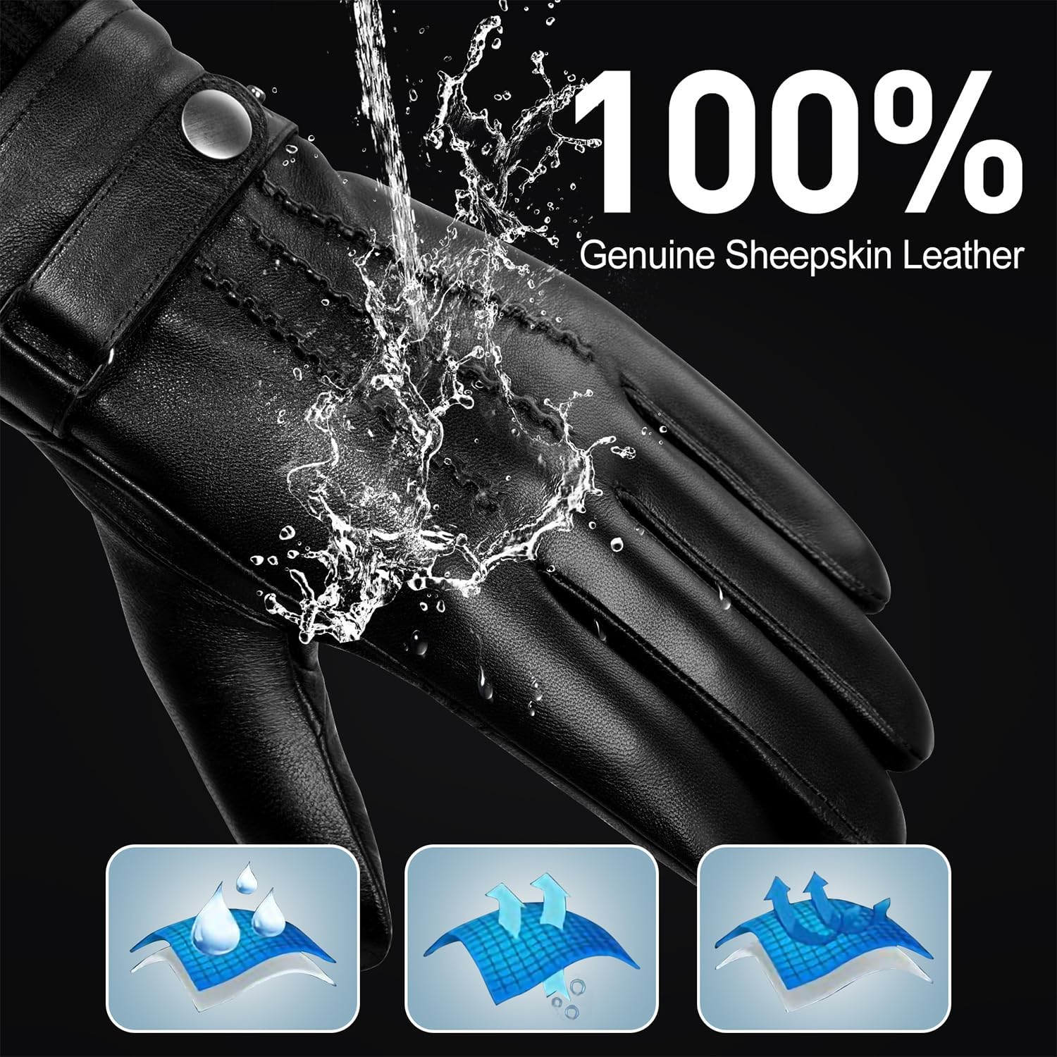 BISON DENIM Men'S Leather Gloves Warm Cashmere Lining Windproof Gloves Touchscreen Function image number 3