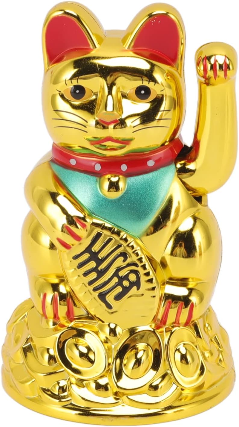 Jiawu Lucky Fortune Cat, Maneki Neko, Feng Shui Lucky Cat Ornament, Battery Operated Gold Fortune Cat Hand Waving Wealth Welcoming Cat Sculpture for Home Decoration Gift Giving (4.5In White)