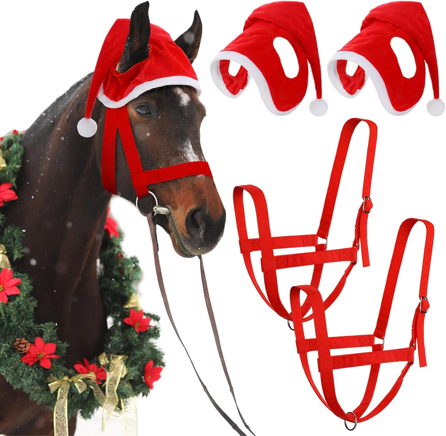 Paterr 4 Pcs Christmas Santa Horse Hat Holiday Elf Horse Hat Adjustable Christmas Horse Halter Set image number 4