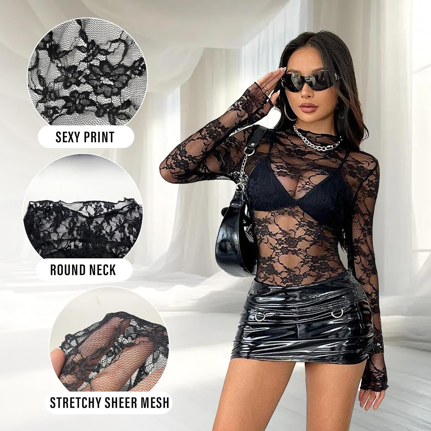 Mesh Tops for Women, Lace Tops for Women UK Sexy See through Shirts, Y2K Lace Top Layering Blouses image number 6