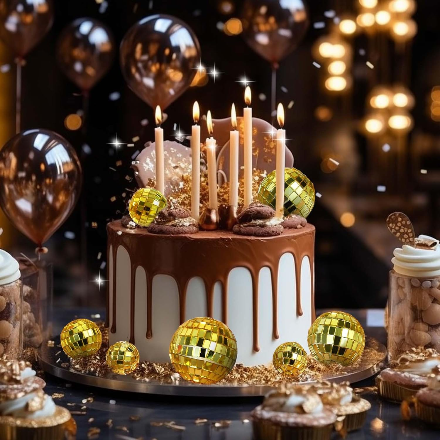 Abeillo 7PCS Disco Ball Cake Topper, 4 Sizes Disco Ball Cake Decorations, Disco Cake Topper, 70S Disco Themed Dance Party Supplies, Mini Disco Balls for Cake Decor Disco Party Ornament (Gold) image number 6