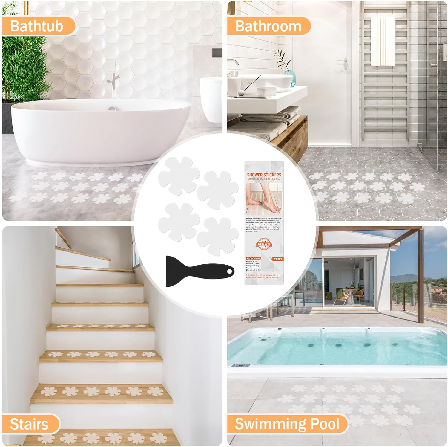 Non Slip Bathtub Stickers, 24 PCS Shower Stickers for Safety Bathroom Tubs, Bathtub Non Slip Stickers and Adhesive Decals Scraper for Bath Tub, Shower Floor, Stairs, Ladders(Flower Shape, Clear)