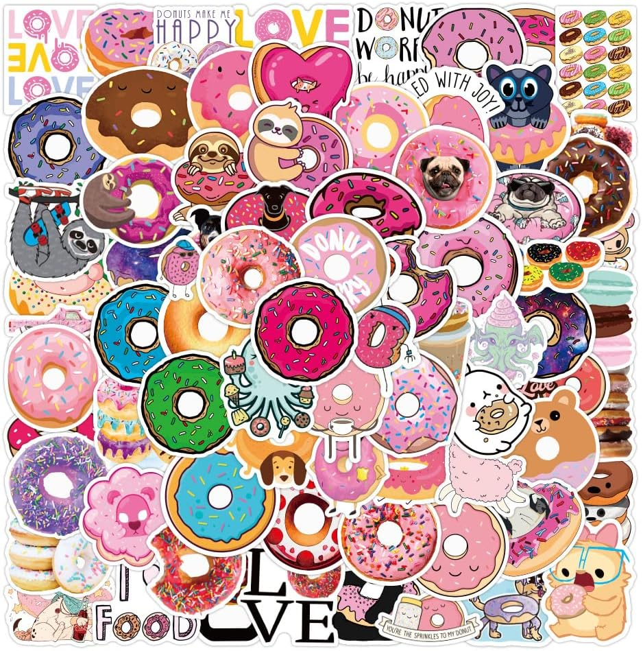 Donuts Stickers 100Pcs, Cute Sweet Food Doughnut Decals for Kids Teens Teacher Party Favors Reward for Water Bottles Luggage Computer Scrapbook Skateboard Guitar Greetings Cards DIY Decorations image number 2