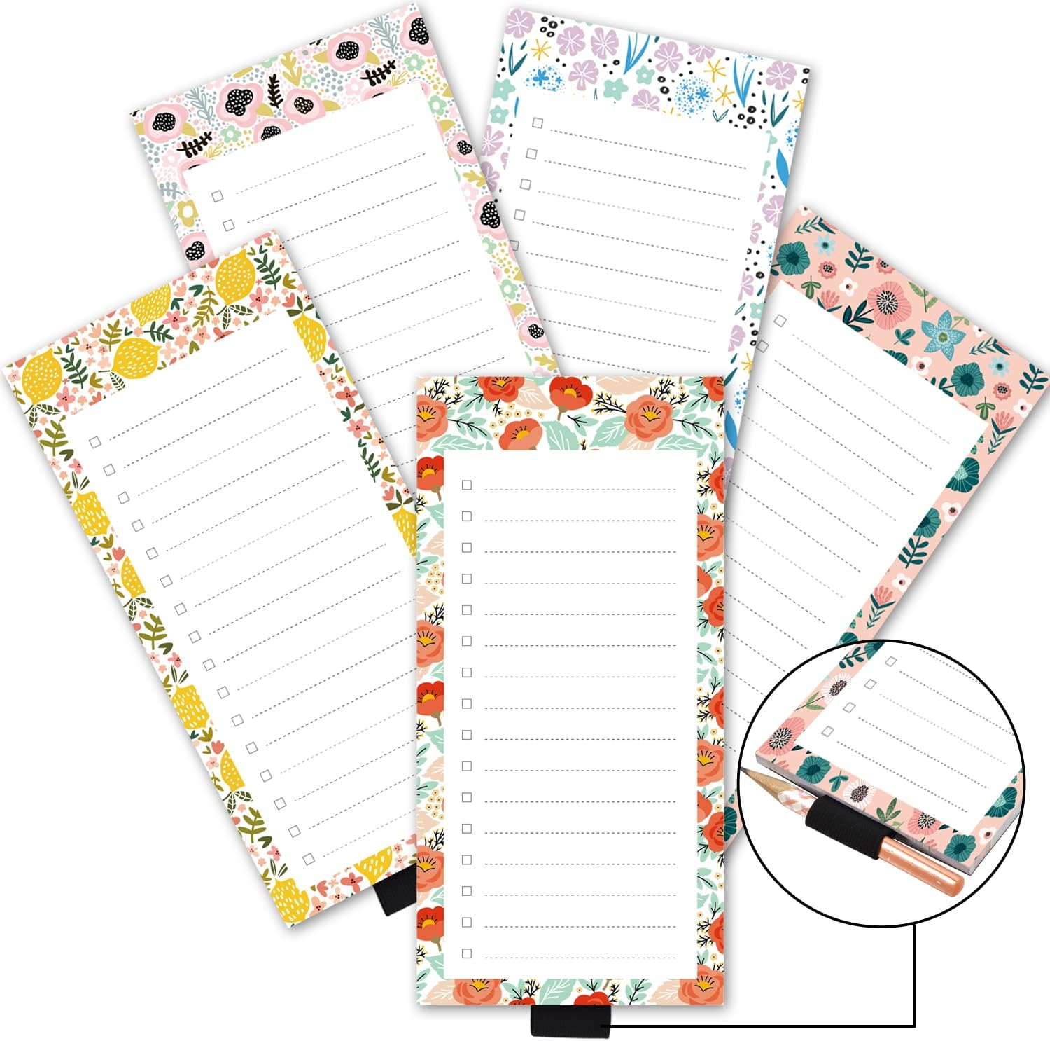 5 Pack Lemons Dandelion Flower Magnetic Notepads for Fridge with Pen Holder, 6" X 3", 50 Sheets, Magnet Memo Pad for Fridge, Locker, File Cabinet, to Do List, Grocery Shopping image number 2