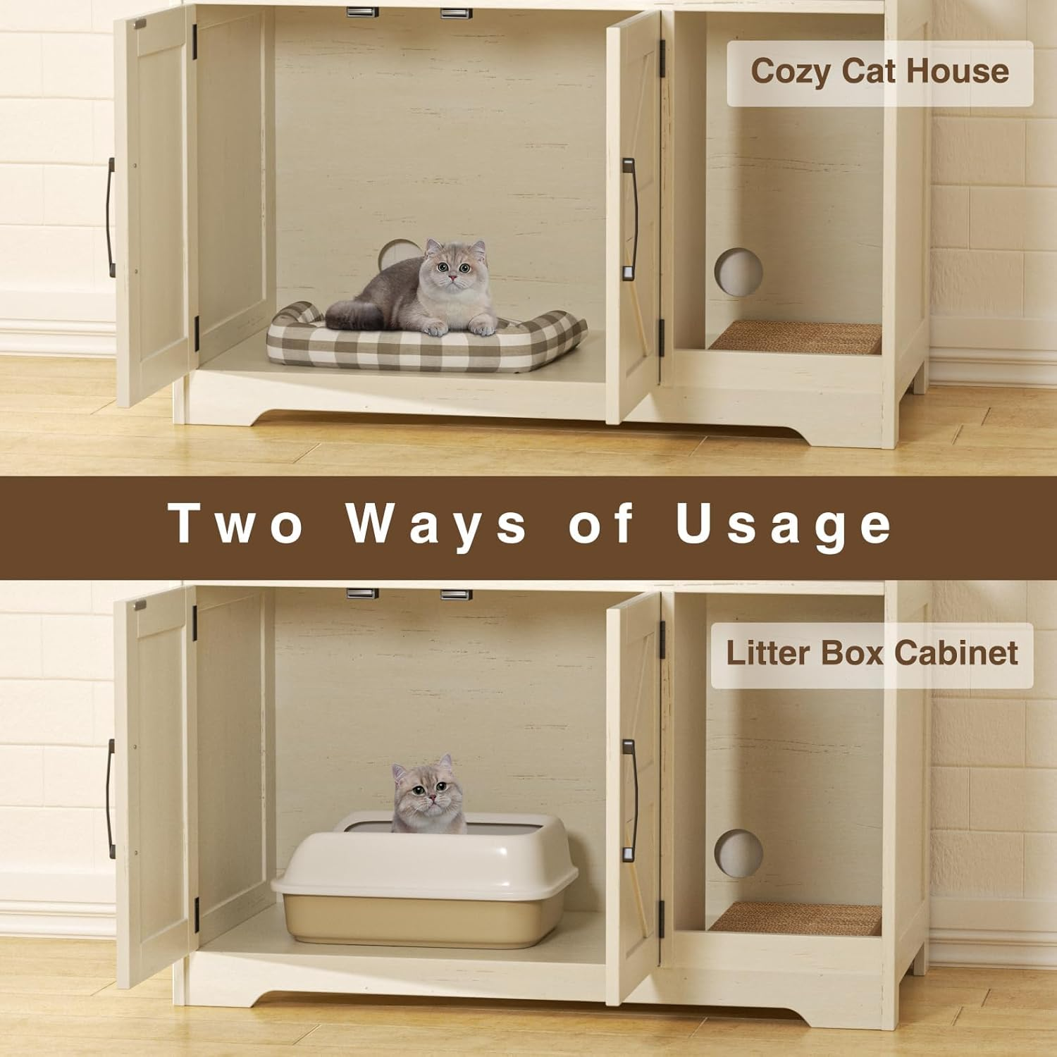 Cat Litter Box Enclosure, Hidden Litter Box Furniture with Scratch Pad, Farmhouse Indoor Cat House Washroom End Table, White image number 3