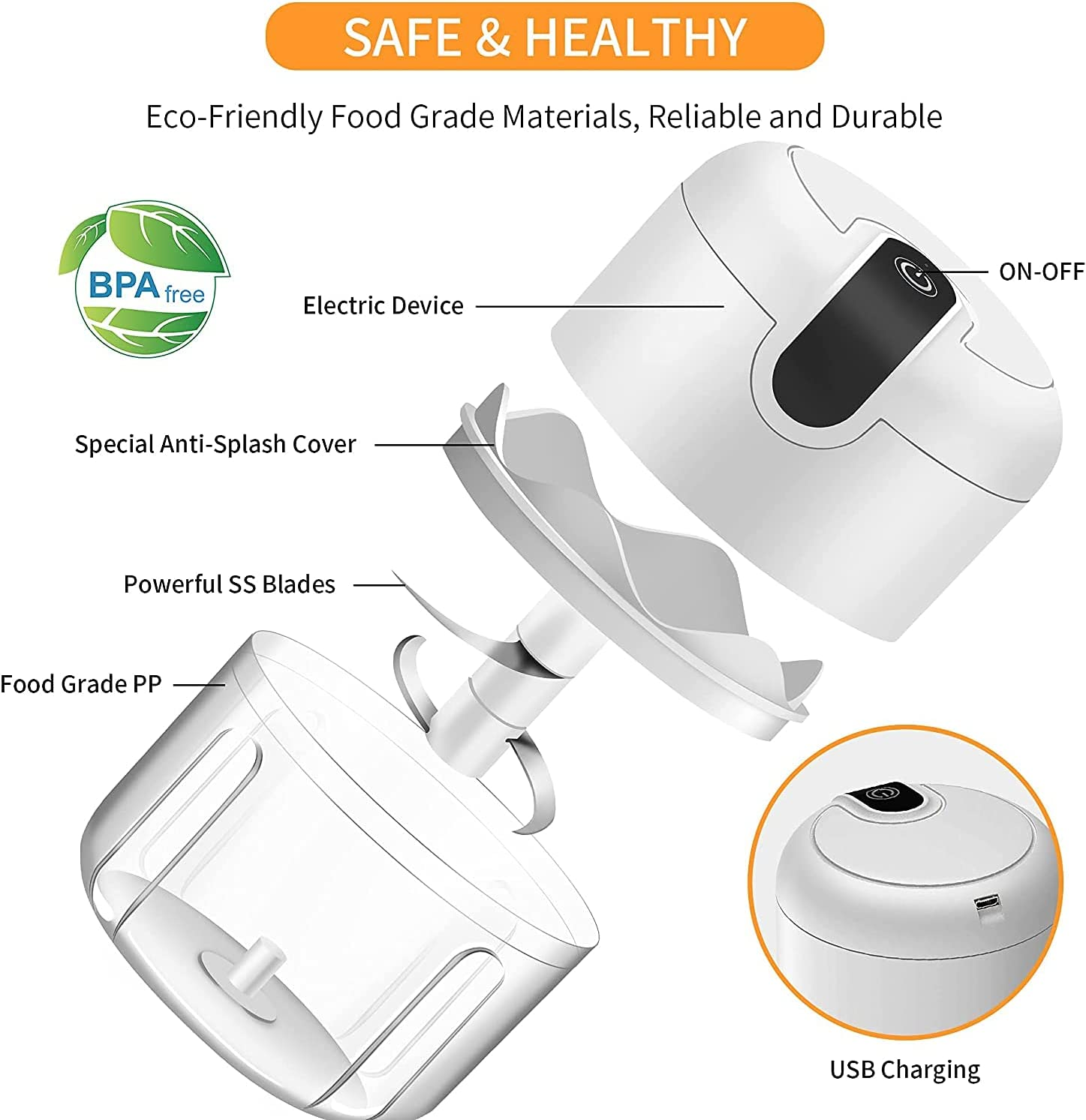 Electric Mini Garlic Chopper,Food Processor,Portable Cordless Garlic Mincer Masher,Meat Grinder with USB Charging for Vegetable,Chili,Fruits,Ginger,Baby Food,Seasoning 250Ml(White)