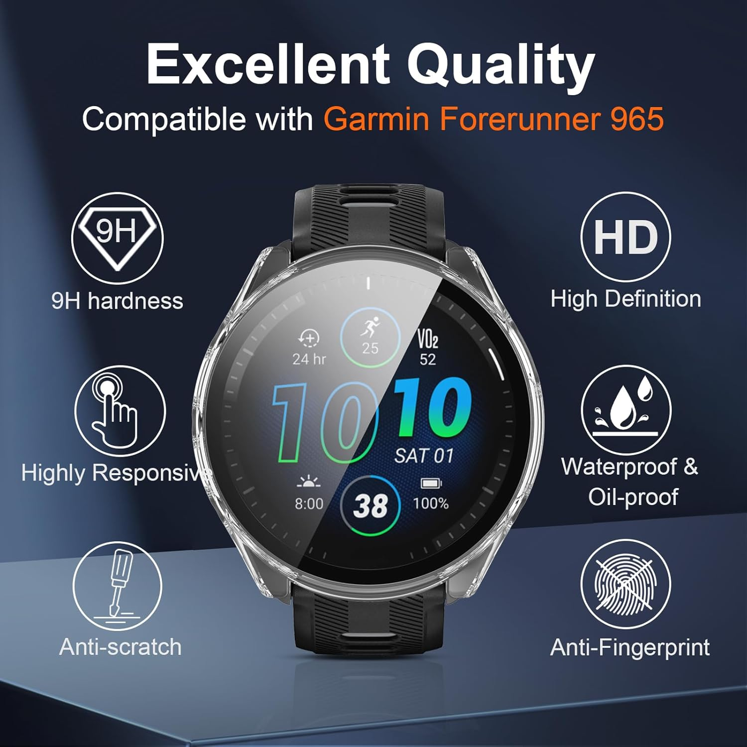 Vanrain Case for Garmin Forerunner 965, Pack of 2, 360&deg; All-Round PC Case with Protective Glass Bumper Full Cover Protective Case Black + Transparent image number 6