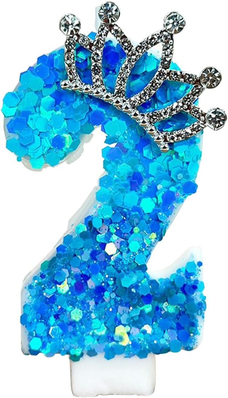 Crown Number 2 Candle 2Nd Birthday Candle for Cake with Sequins, Two Years Old Cake Decoration Party Decor for Birthday Anniversary Celebrations Blue image number 5