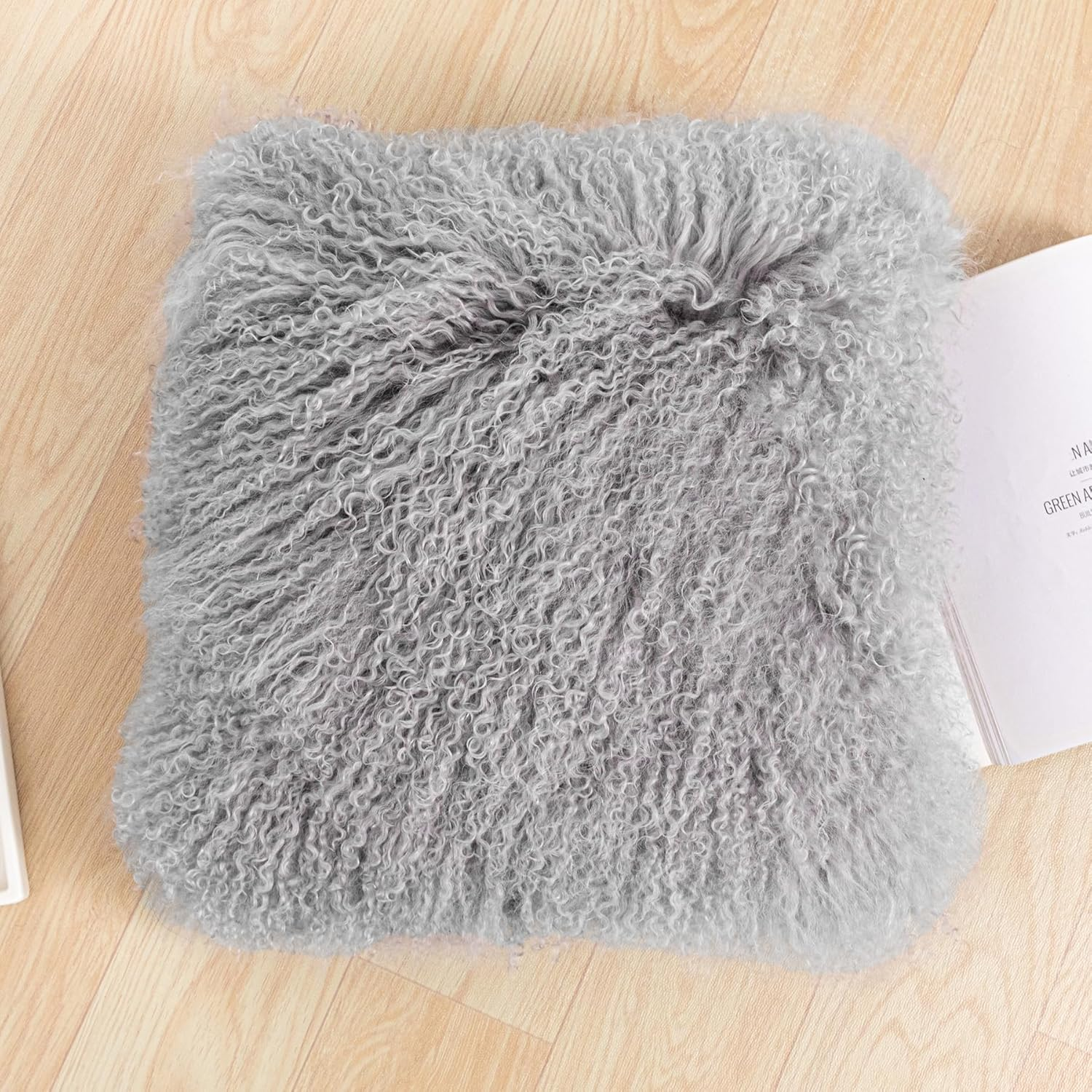 Luxury Mongolian Lamb Fur Pillow Covers Sheepskin Curly Wool Pillowcase Furry Leather Decorative Throw Cushion Cover for Couch and Bed Chair, No Pillow Insert, 18 X 18 Inch, Khaki