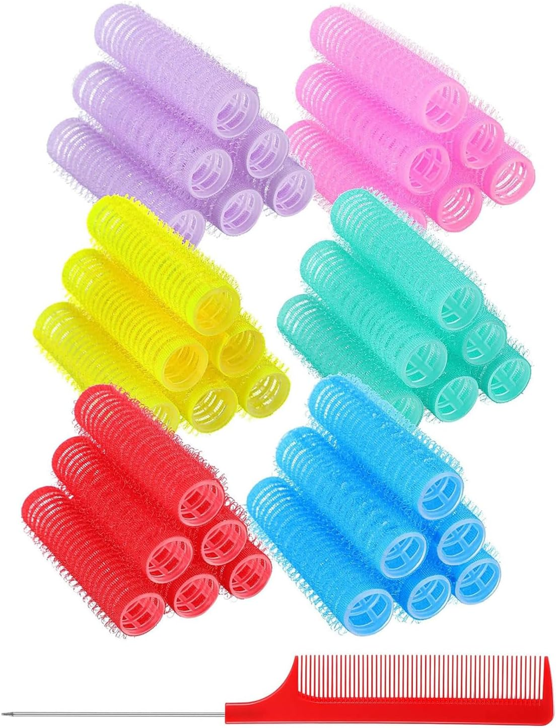 TPZORJX 37 Pieces Manual Hair Rollers Self-Adhesive for Salon, Hairdressing Salon, Rat Tail Comb, DIY Curling Iron with Steel Pin Pointed Tail Comb image number 1