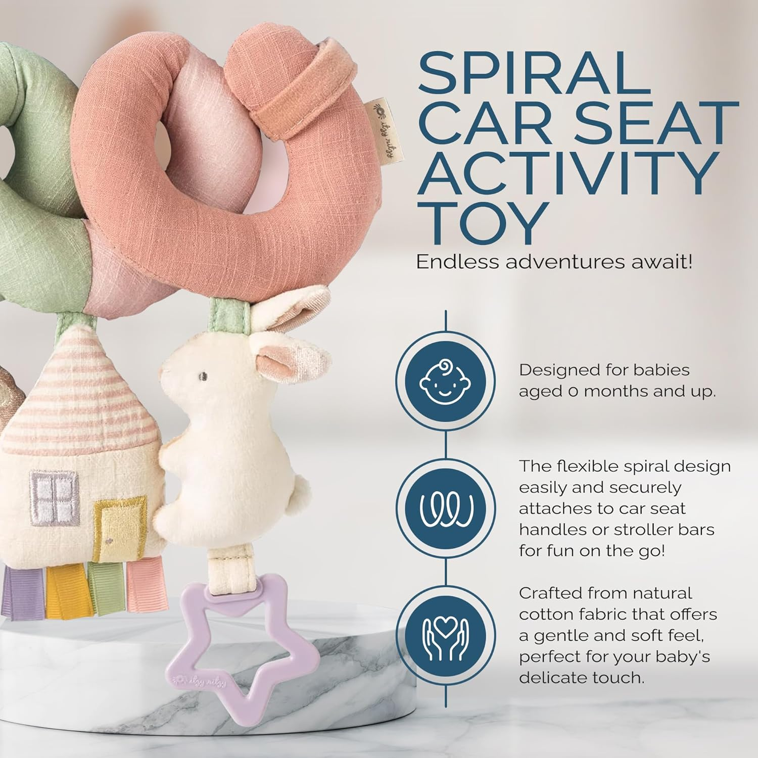 Itzy Ritzy Spiral Car Seat & Stroller Activity Toy - Stroller & Car Seat Toys for Ages 0 Months and up - Hanging Toys Include Dangling Ring, Mirror and Textured Ribbons (Pastel Rainbow) image number 1