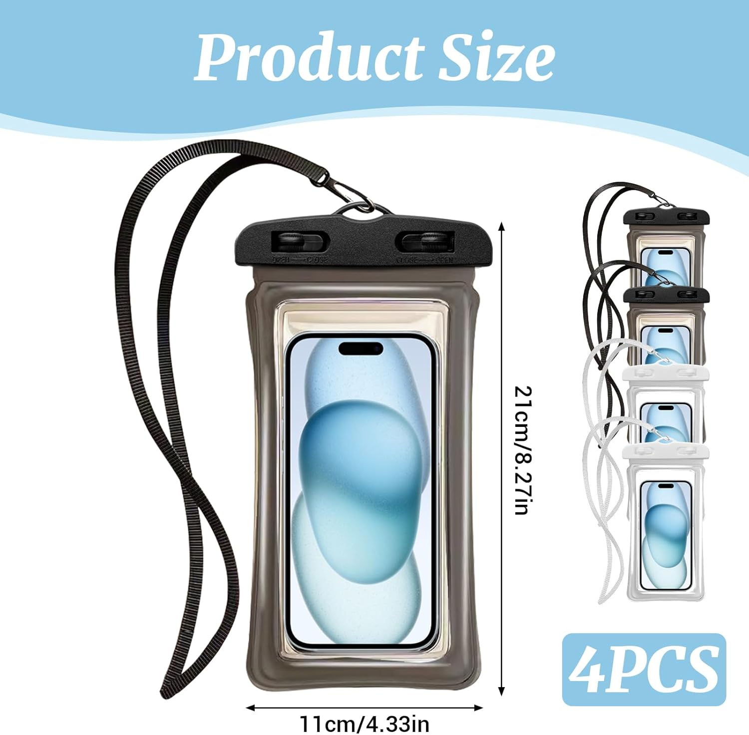 AIAOO Waterproof Phone Pouch 4 Pack, IPX8 Waterproof Phone Case for Iphone 17 16 15 14 Pro Max Plus, Galaxy S25 S24 Ultra, Universal Fit up to 7.2 Inch, Black & White Dry Bag for Water Activities image number 3