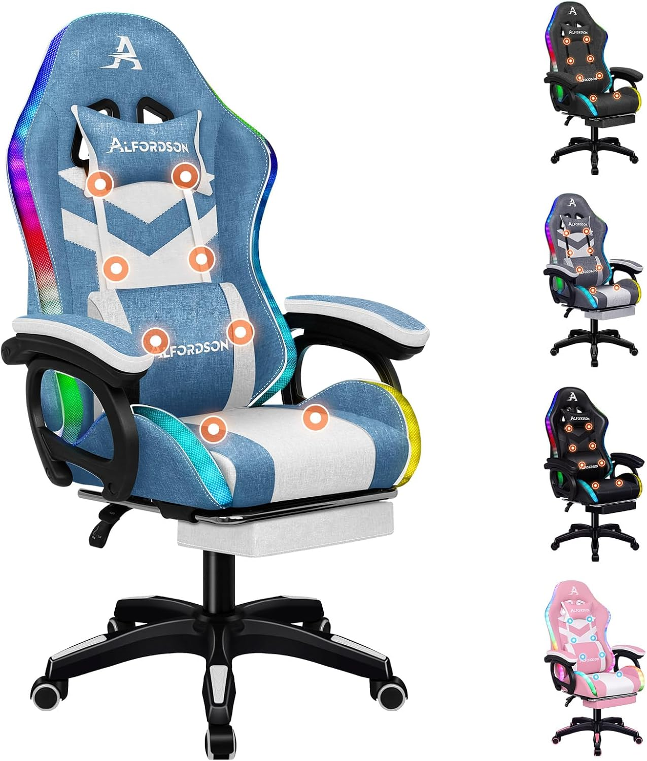 ALFORDSON Gaming Office Chair with 12 RGB LED Lights & 8 Point Massage, Racing Computer Chair with Lumbar Support & Retractable Footrest, Ergonomic Desk Chair with PU Leather Seat Office Gamer (Pink)