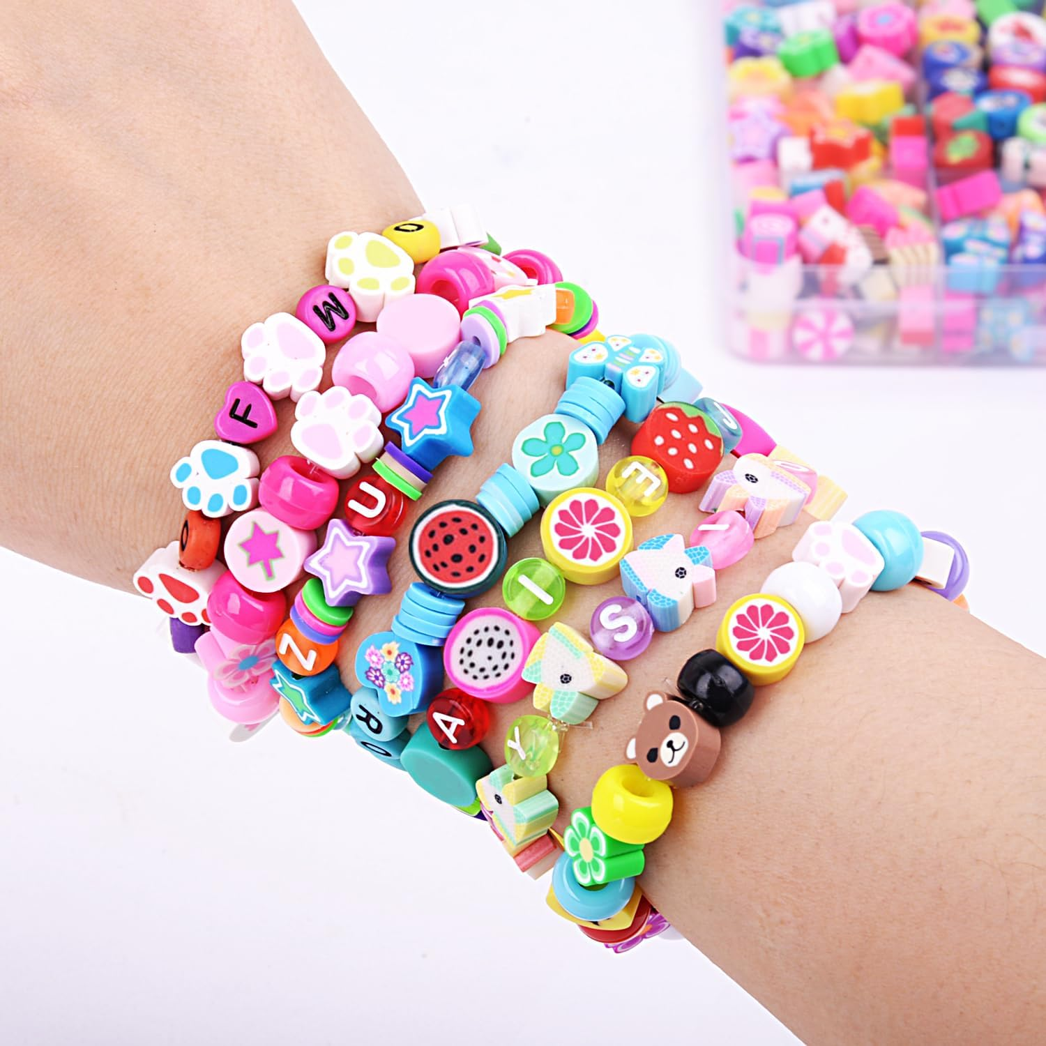 1000PCS Polymer Clay Beads Bracelet Making Kit, 24 Style Cute Fun Beads Flower Animal Rainbow Eye Charms for Jewelry Necklace Earring Making DIY Accessories for Women Girls image number 1