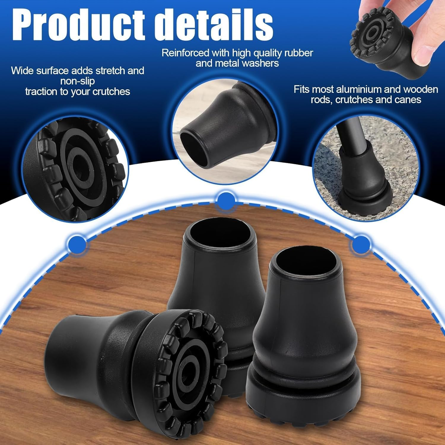 Cane Tips, 3 Pcs Non Slip All Terrain Crutch Tips, 3/4 Inch Rubber Replacement Cane Tips for Canes, Walking Sticks, Hiking Stick, Seniors Crutches (3 Pcs,Black) image number 1