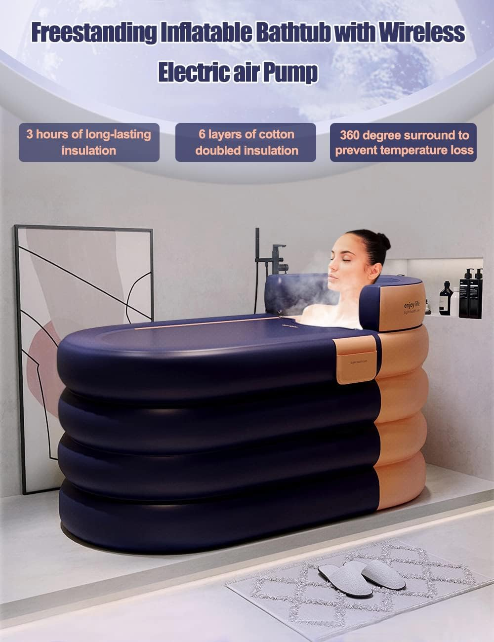 Inflatable Adult Bathtub, Freestanding Inflatable Bathtub with Wireless Electric Air Pump, 4 Layer Hot Tub Spa Bucket Inflatable Bath Tub, 160Cm Shower Stall,Freestanding Collapsible(Orange)