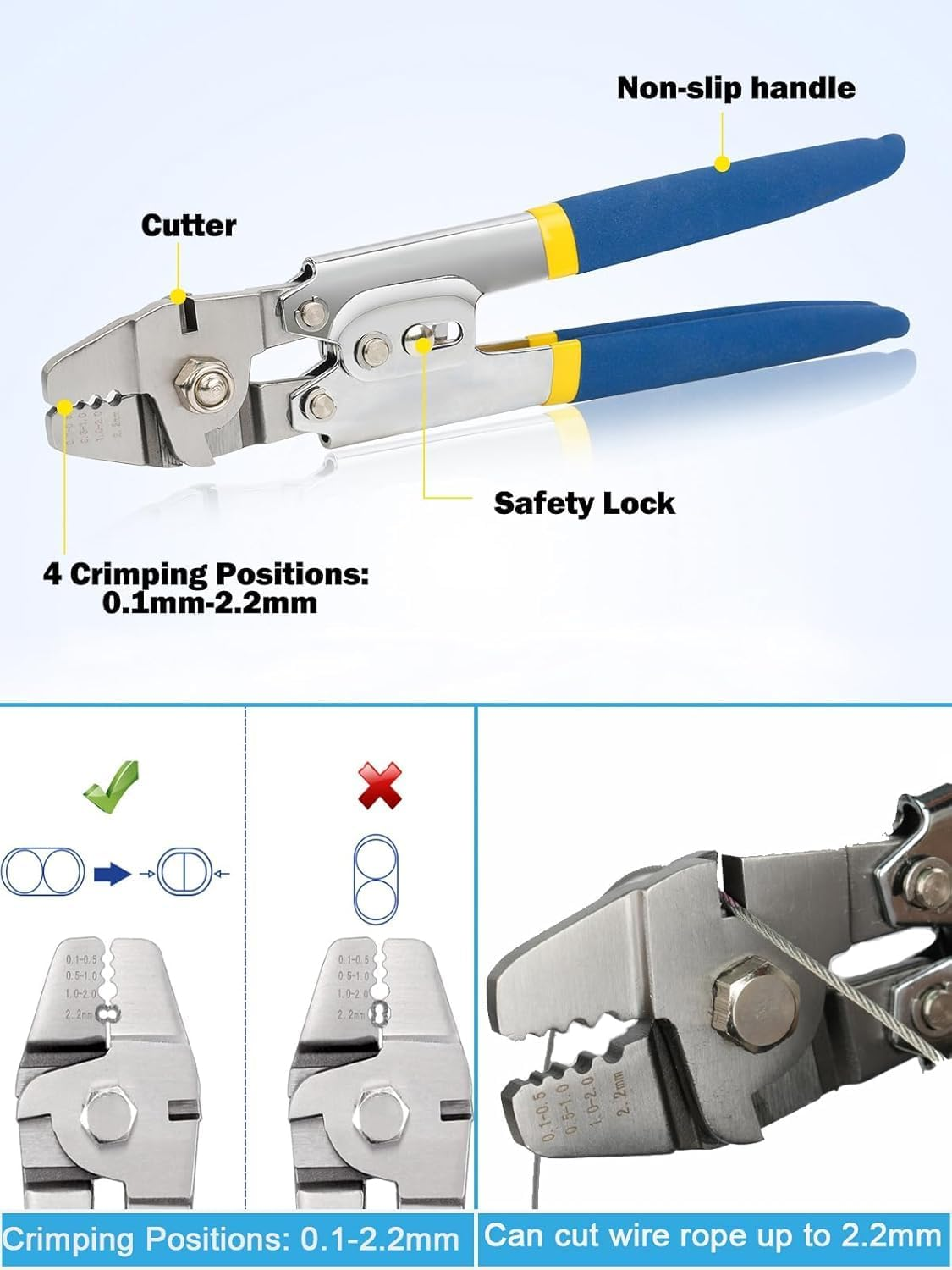 Wire Rope Crimping Tool Kit, Wire Rope Swager Crimper up to 2.2Mm with Aluminum Double Barrel Ferrule Crimping Loop Sleeves, Stainless Steel Thimbles and Cable Cutter for Cable Crimping image number 2