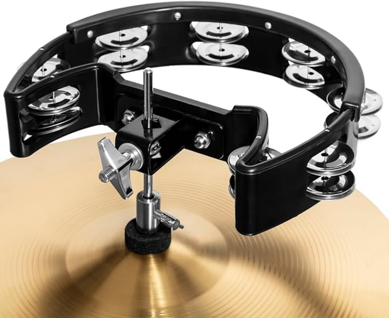 Tambourine and Cowbell Kit, Drum Set Tambourine with Mounting Eye Bolt, Mountable Tambourine and 7 Inch Cowbell for Drum Set(8 Double Rows of Jingles, Black)