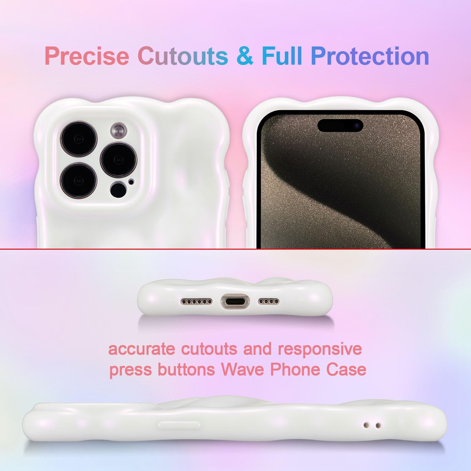 UEEBAI Case for Iphone 14 Pro 6.1 Inch, Cute Solid Color Curly Wave Shape Shockproof Soft Bumper Phone Case, Candy Water Ripple 3D Silicon Slim Pretty Case Aesthetic Cover, Glitter Pink image number 3