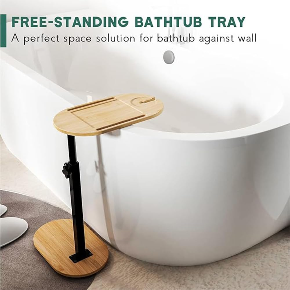 Bamboo Bathtub Tray Table with Adjustable Height, Couch Table Traies for Small Place, Tray Tub Shelf for Luxury Bath Home Spa, Functional Traies, 360&deg;Swivel Tray Tables, Bathtub Side Tables image number 5