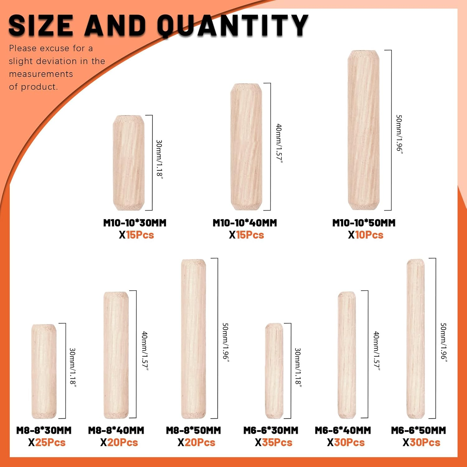 Tanstic 200Pcs 9 Sizes Wooden Dowel Pins, 6Mm 8Mm 10Mm Wood Beveled Ends Tapered Pins, Straight Groove Wooden Dowel Pins for Furniture Door Art Crafts Projects image number 3