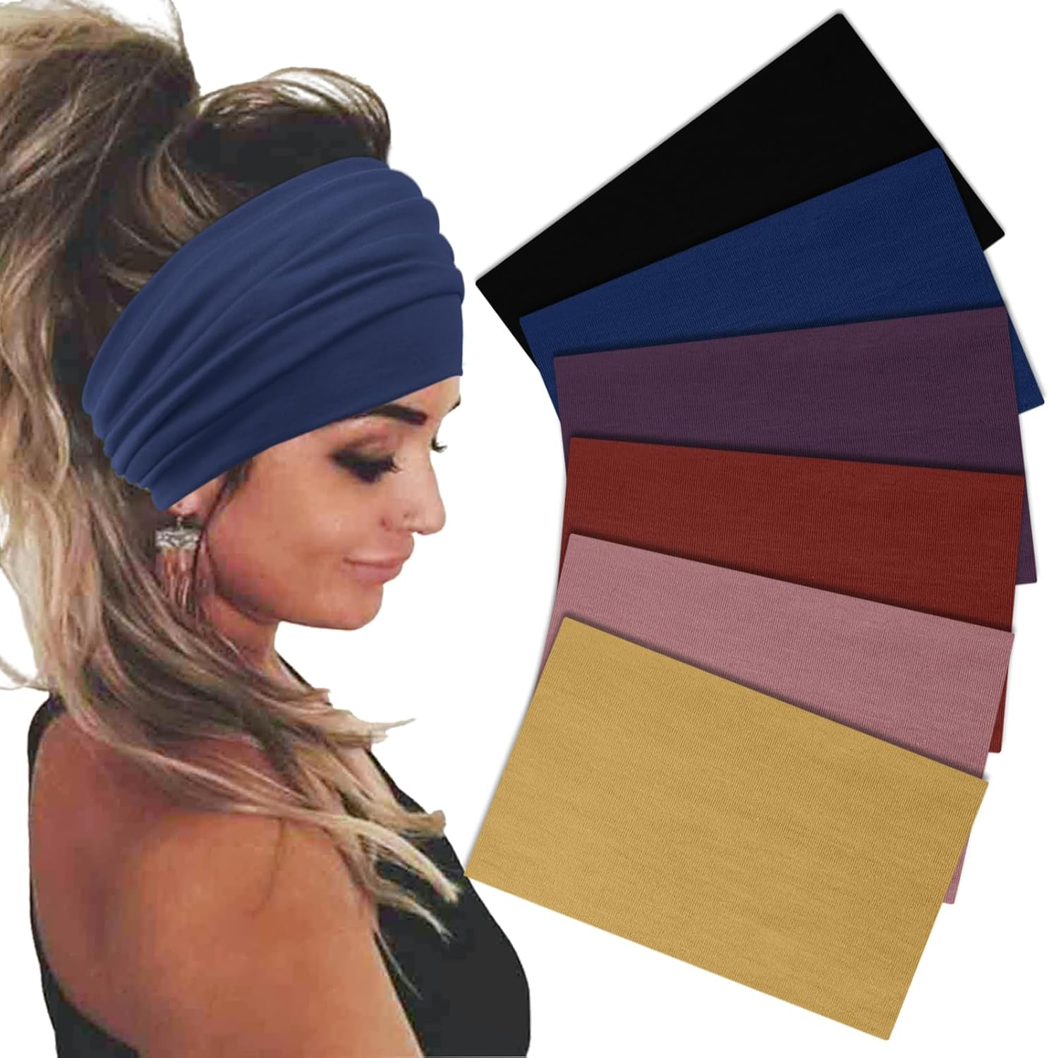 Sefiinh Wide Headbands for Women Stretch Headband Boho Head Bands Women'S Hair Band Turban Workout Hairband Accessories 6 Pack