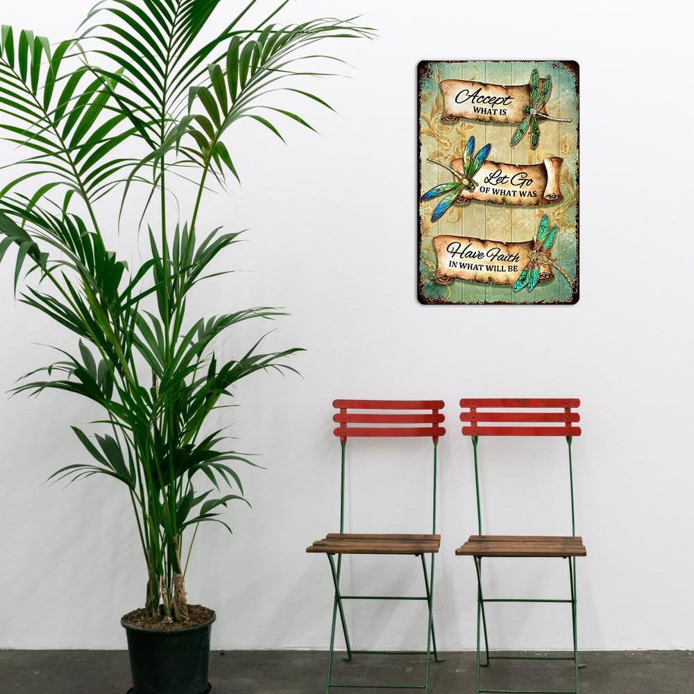 Dragonfly Tin Sign Retro Accept What Is Metal Signs Vintage Dragonfly Wall Art Outdoor Garden Decor Dragonfly Gifts for Women Bathroom Sign Home Decoration Let Go of What Was Have Faith in What Will image number 2