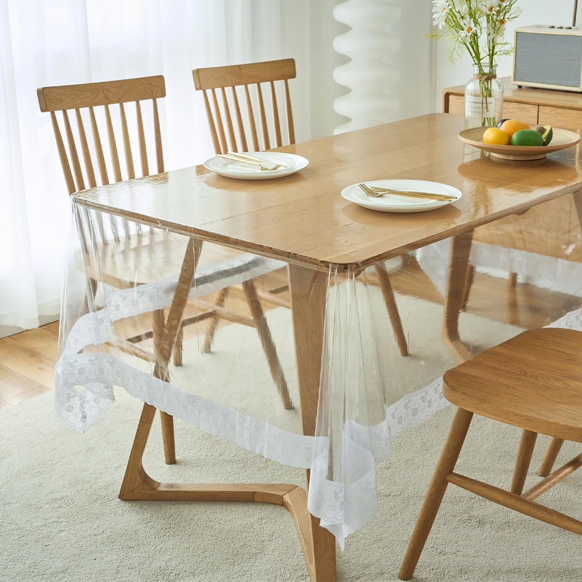 RETON PVC Clear Plastic Tablecloth Protector, Rectangle Waterproof Vinyl Clear Plastic Tablecloth with White Lace Edge, Transparent Table Cover for Dining Tables Kitchen Home (60X92 In) image number 5