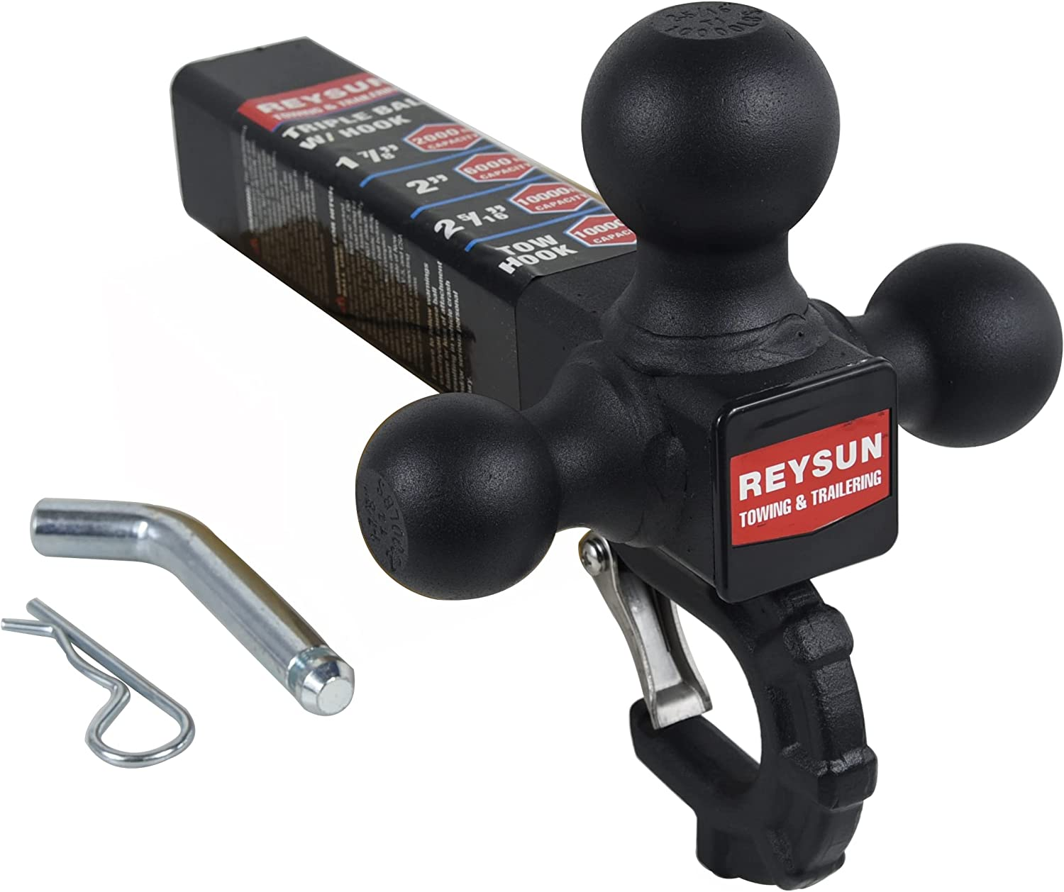 REYSUN Trailer Hitch Tri Ball Mount with Hook, Tactical Tow Hook, Fits 2 Inch Hitch Receiver, Secure with Self-Lock Latch, Matt Black image number 3