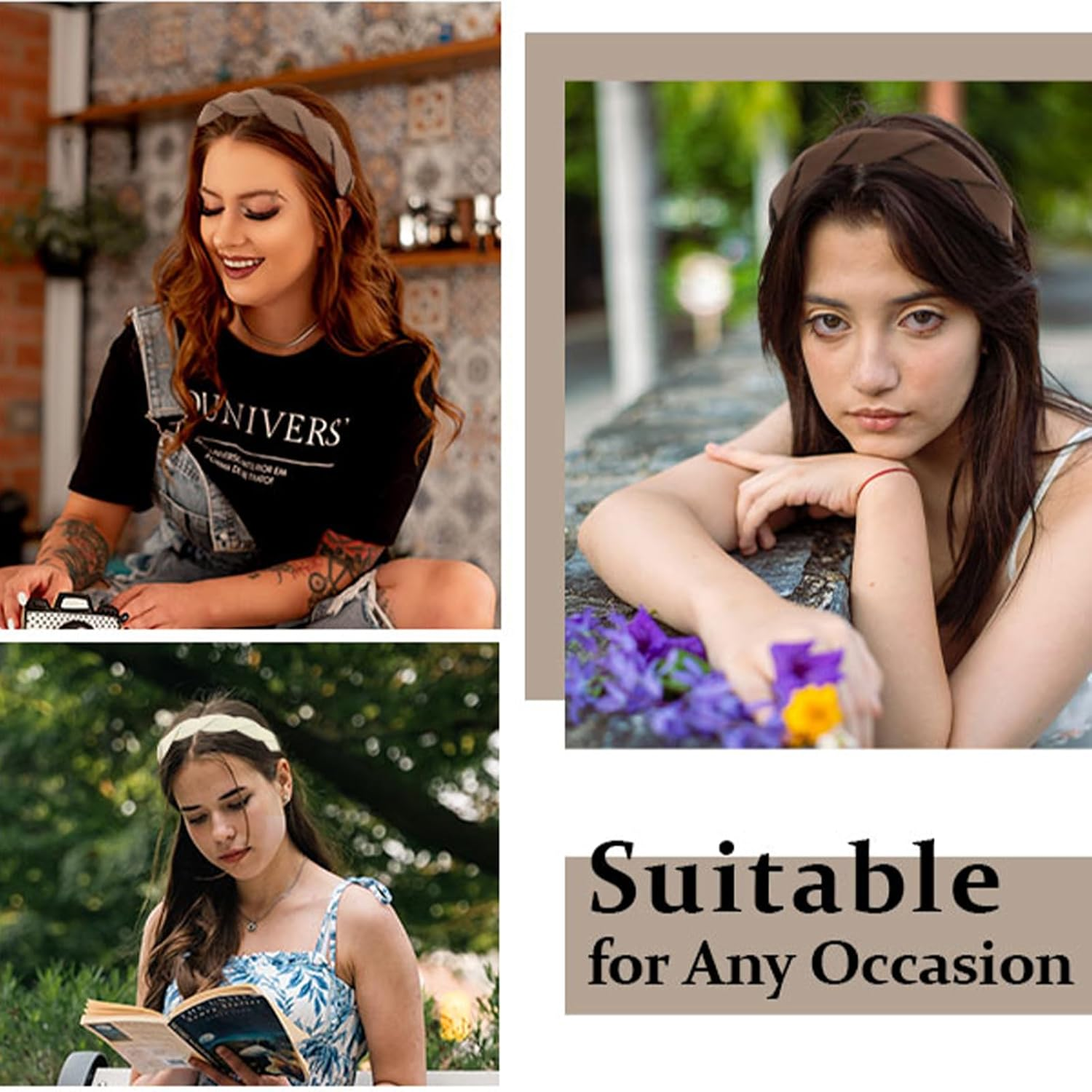 Nayyana 3 Pieces Fashion Solid Headbands for Women and Girls, Wide Braided Headband, Fabric Hair Bands with Tooth, 3Cm Non-Slip Headband Accessories, Coffee Color