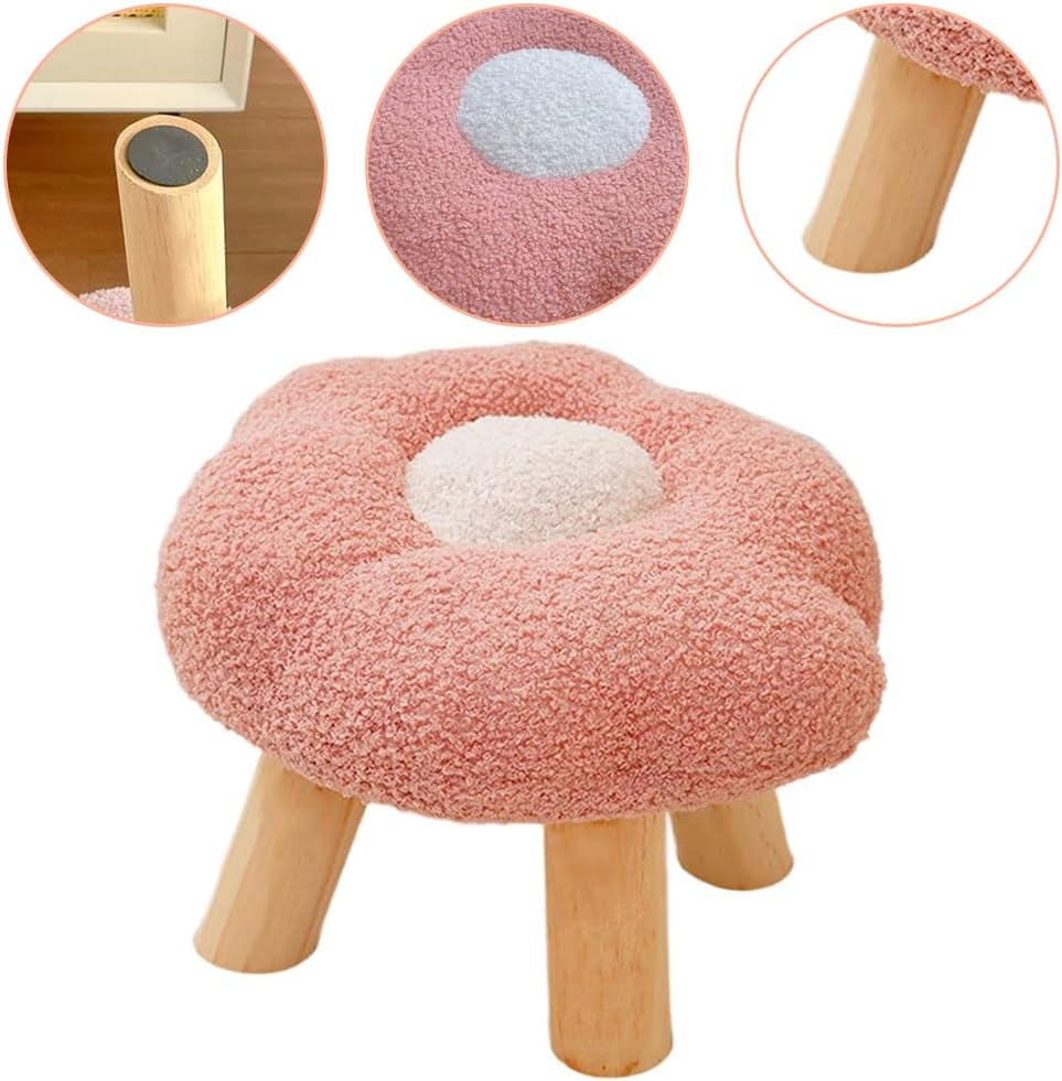 Flower-Shaped Small Ottoman Footstool, Multipurpose Wooden Leg Pouf for Bedroom, Living Room, Entryway, Playroom, under Desk, Pink