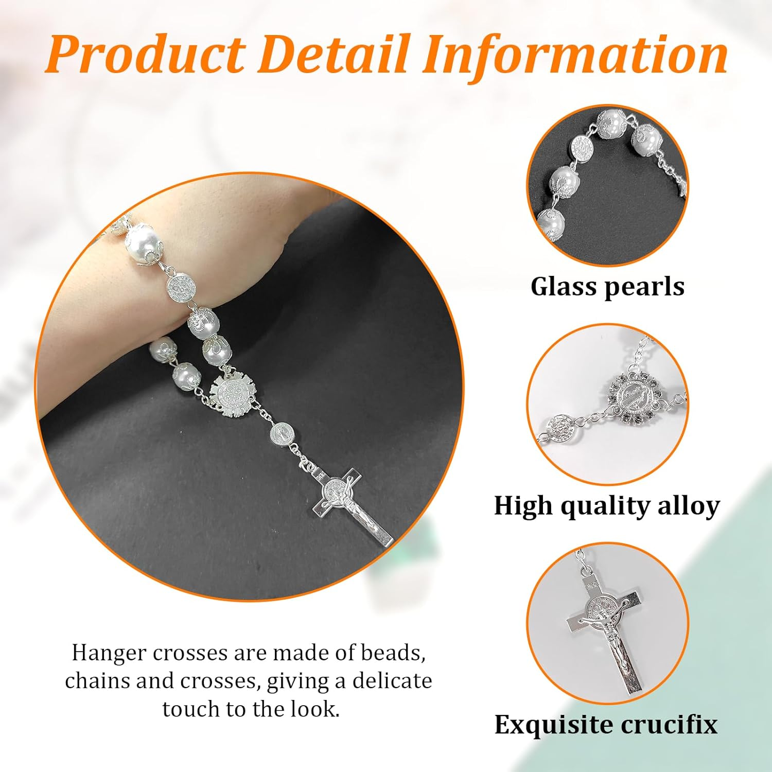 Ziciner 2 PCS Car Rosary for Rearview Mirror, Personalized Blessing Rear View Mirror Hanging Decors, Auto Rearview Mirror Rosary Pendant, Car Interior Hanging Accessories (Silver) image number 6