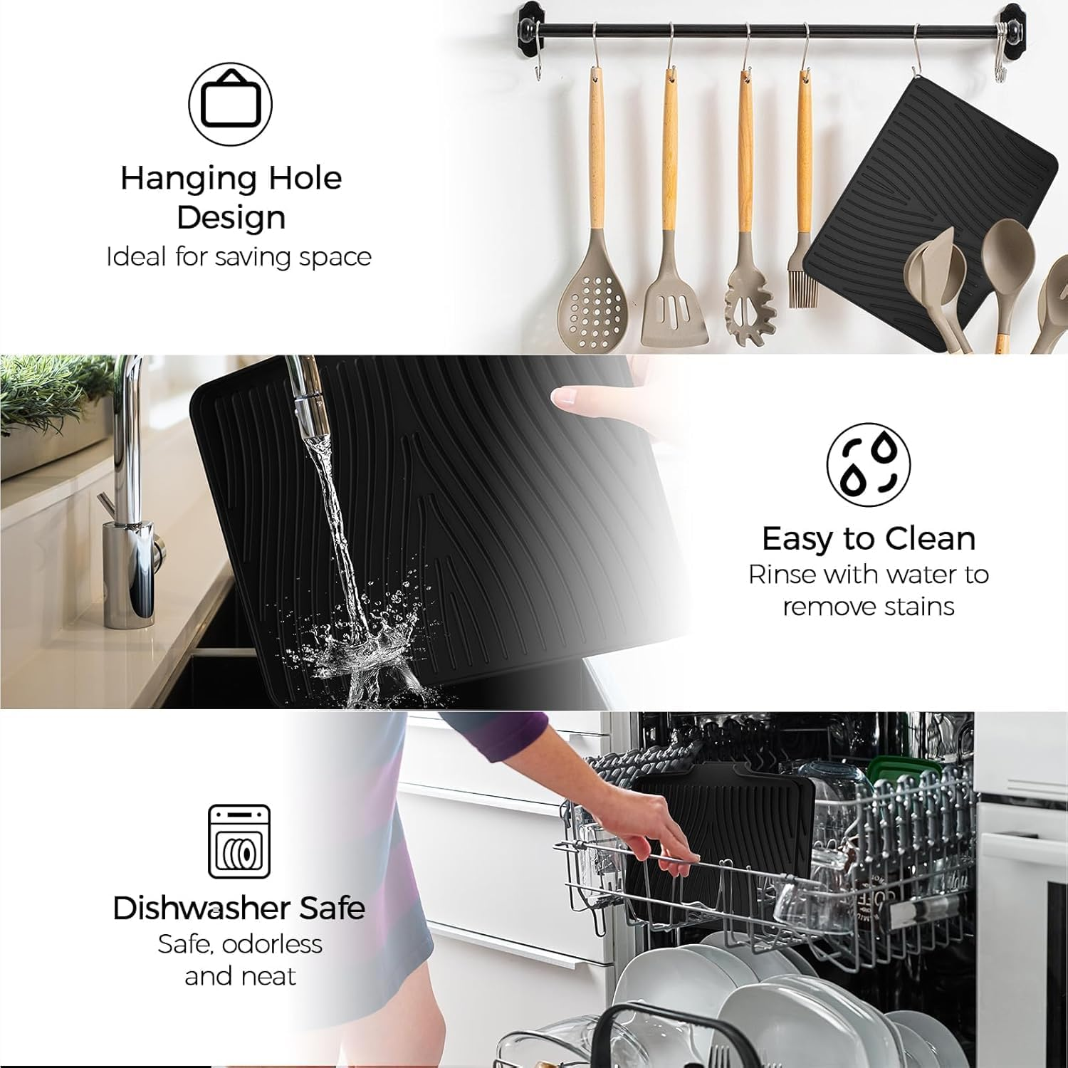 Silicone Dish Drying Mat for Kitchen Counter, Dish Drying Pad, Non-Slip Drain Pad with Built-In Drain, Heat Resistant Stone Drying Mat (Black, 15.8" X 13") image number 1