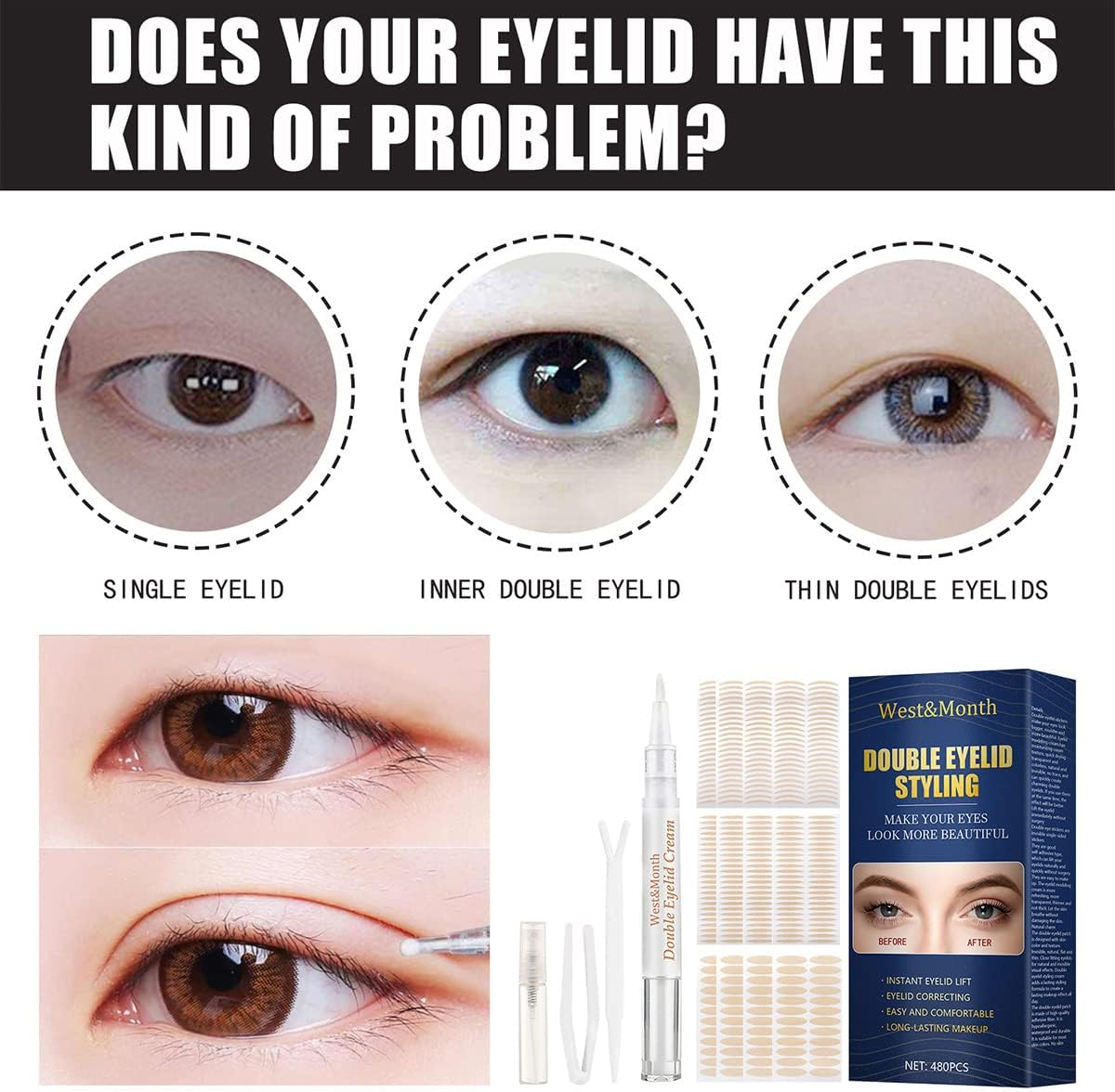 Double Eyelid Tape, Instant Eyelid Lift, Ultra Invisible Double Eyelid Sided Sticky, Eyelid Correcting Strips for Heavy Hooded Droopy Lids, with Eye Cream Tweezers Spray image number 6