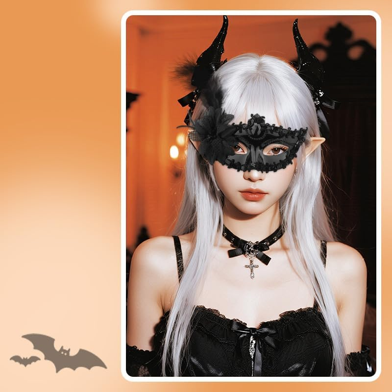 Feather Masquerade Masks for Women Rhinestone Flower Party Mask Black Costumes Lace Eye Mask for Carnivals Halloween Cosplay Masquerade Accesssories image number 2