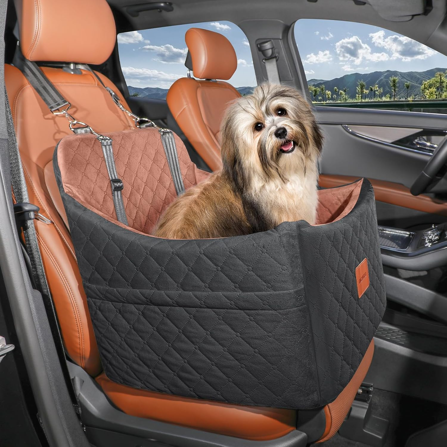 INDYBUD Dog Car Seats for Small Medium Dogs, Portable Detachable Washable Puppy Car Seat for Dog up to 35Lbs, Pet Booster Seat with Storage Pockets and Safety Belt (Black/Brown, Medium) image number 5
