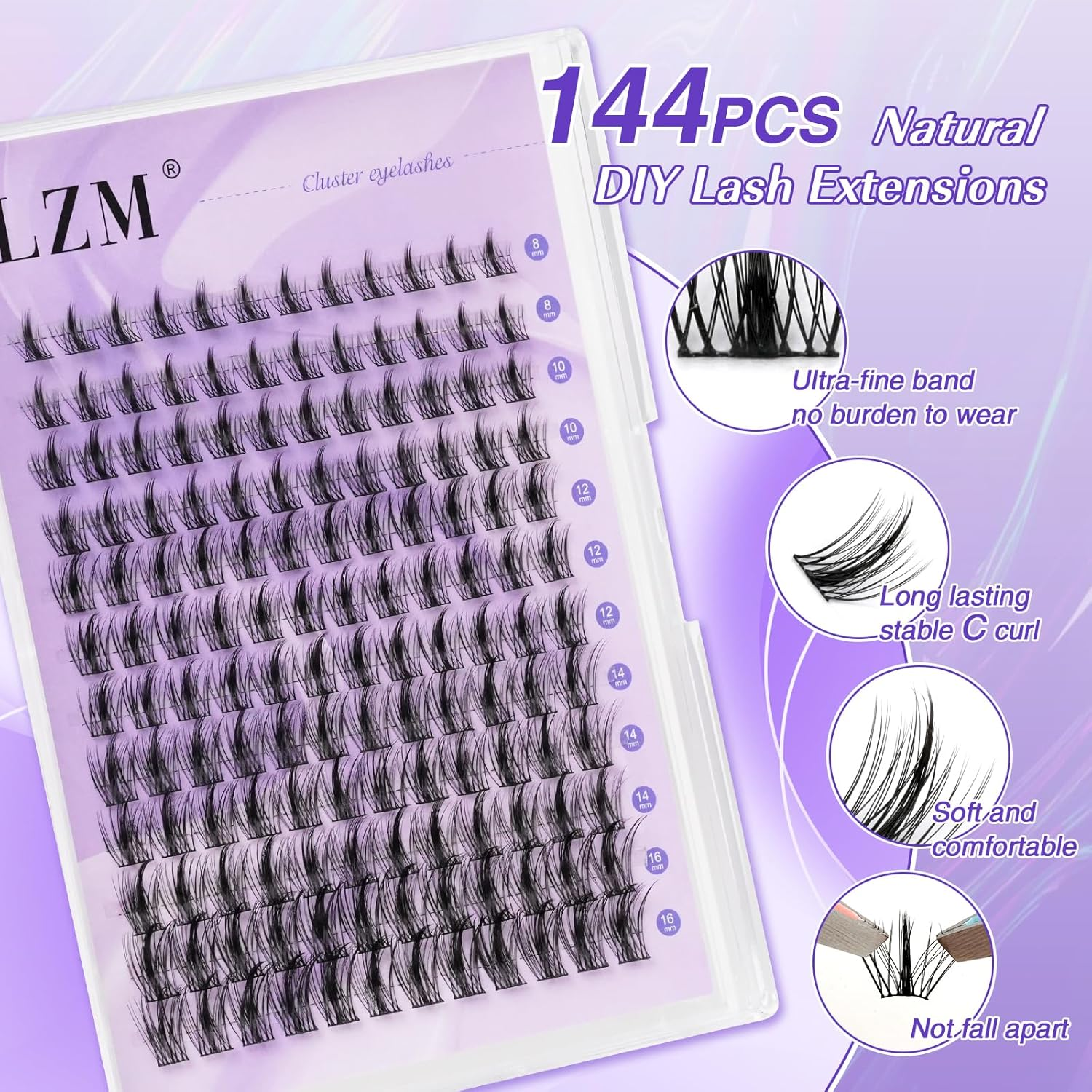 LZM Individual Manga Eyelashes 144PCS 8-16Mm C Curl Natural Thin Strip Reusable Individual Eyelash Extensions Manga Cluster Lashes (DL02-C-MIX) image number 4
