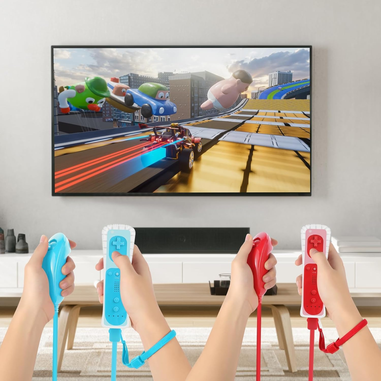 2 Pack Remote Controller with Motion plus for Wii/Wii U, 2 in 1 Remote with Nunchuck Controller Compatible with Wii Wii U Console (Red & Blue)